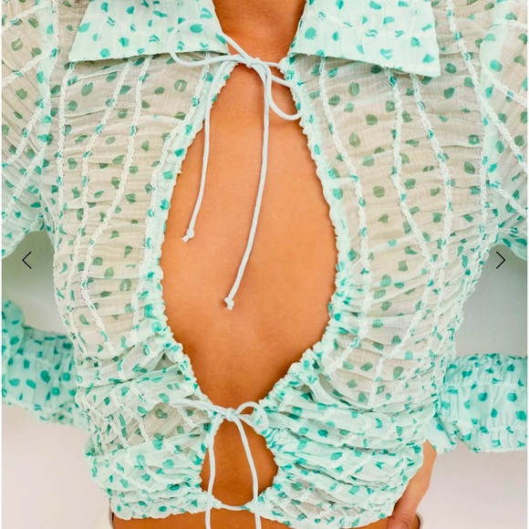 For Love & Lemons x Free People Drea XS & S Green Dot Semi-Sheer Crop Top - Picture 12 of 12